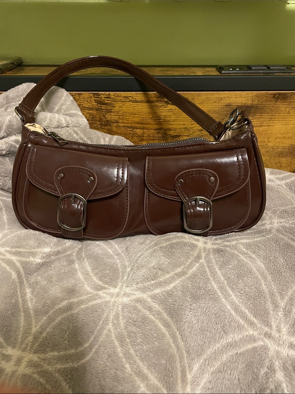 Brown Leather Double-Pocket Shoulder Bag